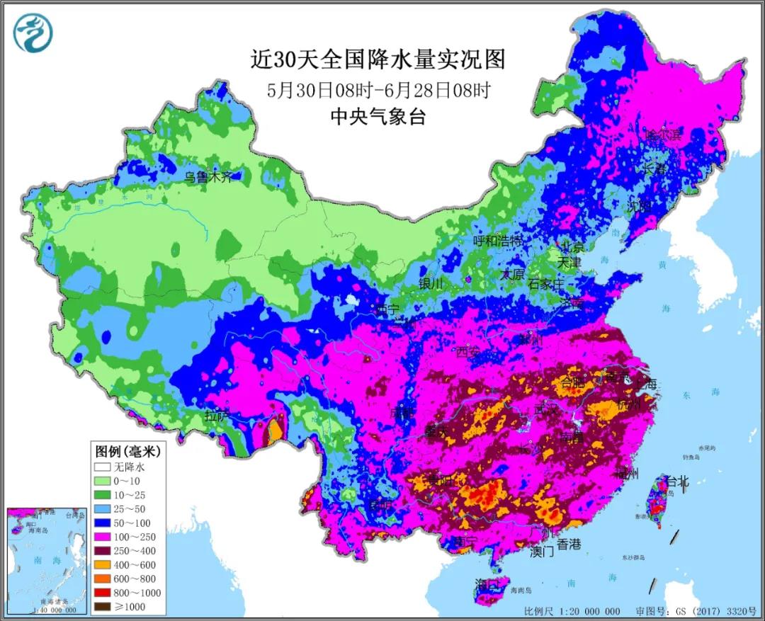 ▲圖為近30天全國降水實況圖。來源：中央氣象臺