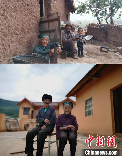 上圖為甲甲溝村村民羅木你坡夫婦所住的舊房，下圖為夫婦倆遷入的新居。(拼版圖) 張浪 攝